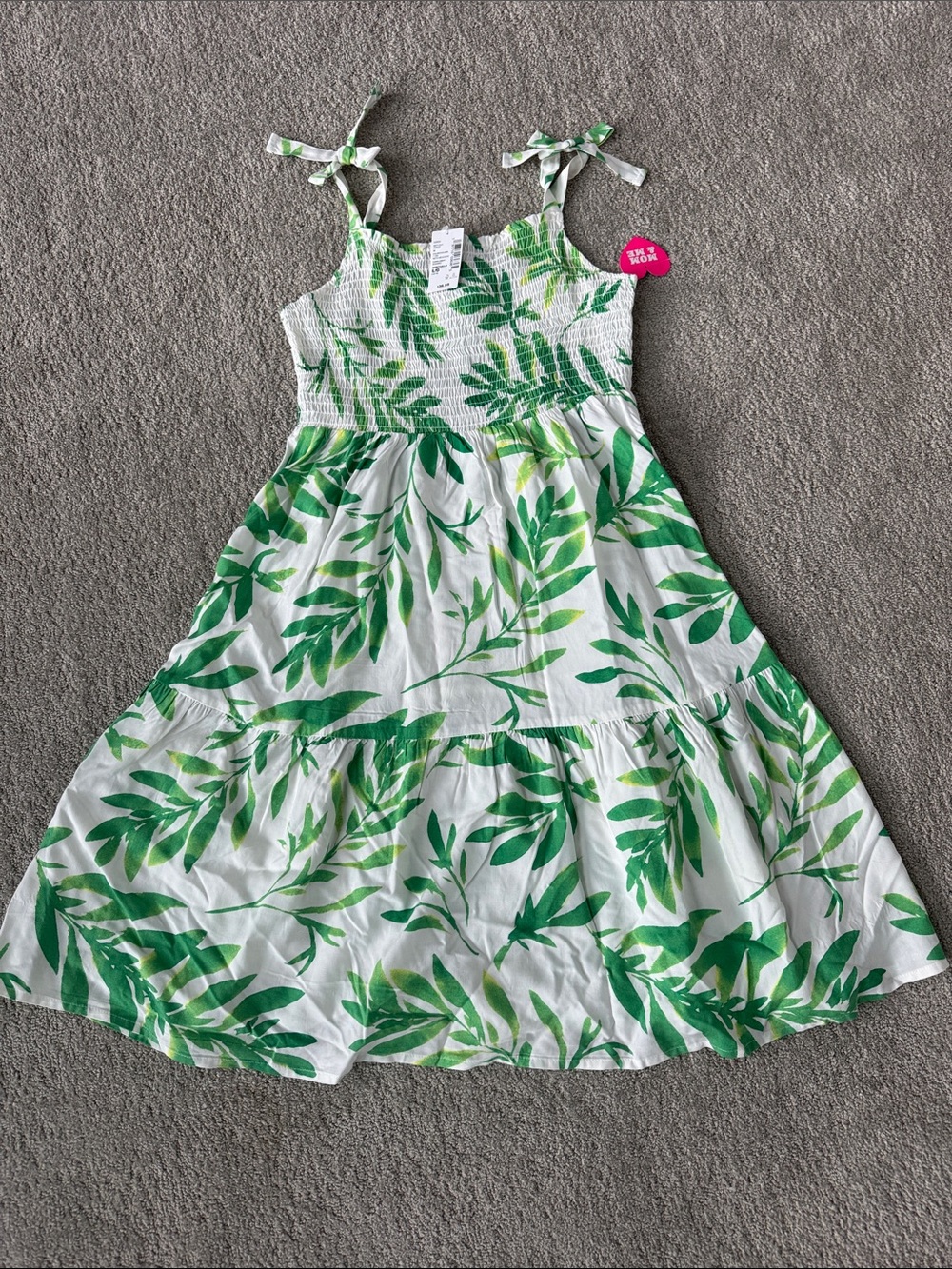 Green Leaf Print Tie-Strap Kids Dress